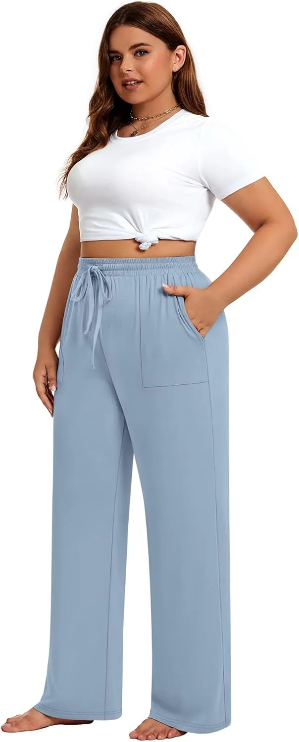 3 Pack Plus Size Pants for Women Wide Leg Casual Pant Drawstring Stretchy Waist Trousers with Pockets