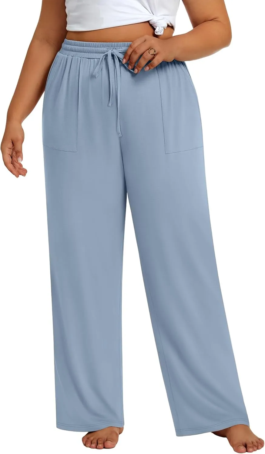 3 Pack Plus Size Pants for Women Wide Leg Casual Pant Drawstring Stretchy Waist Trousers with Pockets