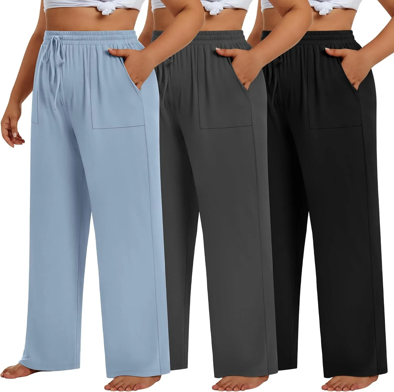 3 Pack Plus Size Pants for Women Wide Leg Casual Pant Drawstring Stretchy Waist Trousers with Pockets