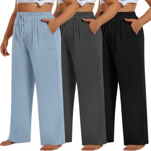 3 Pack Plus Size Pants for Women Wide Leg Casual Pant Drawstring Stretchy Waist Trousers with Pockets
