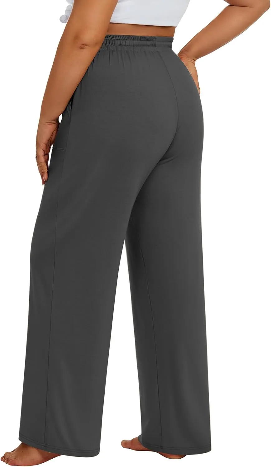 3 Pack Plus Size Pants for Women Wide Leg Casual Pant Drawstring Stretchy Waist Trousers with Pockets