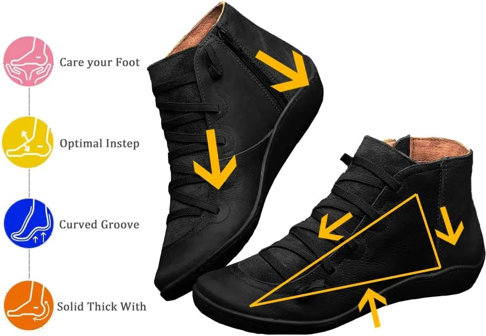 Acrossage Women Arch Support Boots Comfortable Ankle Wedge Short Booties Fashion Leather Waterproof Slip On Boots