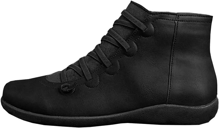 Acrossage Women Arch Support Boots Comfortable Ankle Wedge Short Booties Fashion Leather Waterproof Slip On Boots