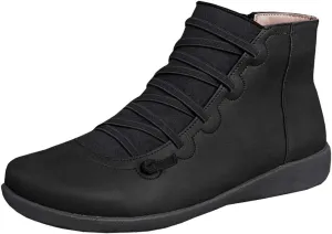 Acrossage Women Arch Support Boots Comfortable Ankle Wedge Short Booties Fashion Leather Waterproof Slip On Boots