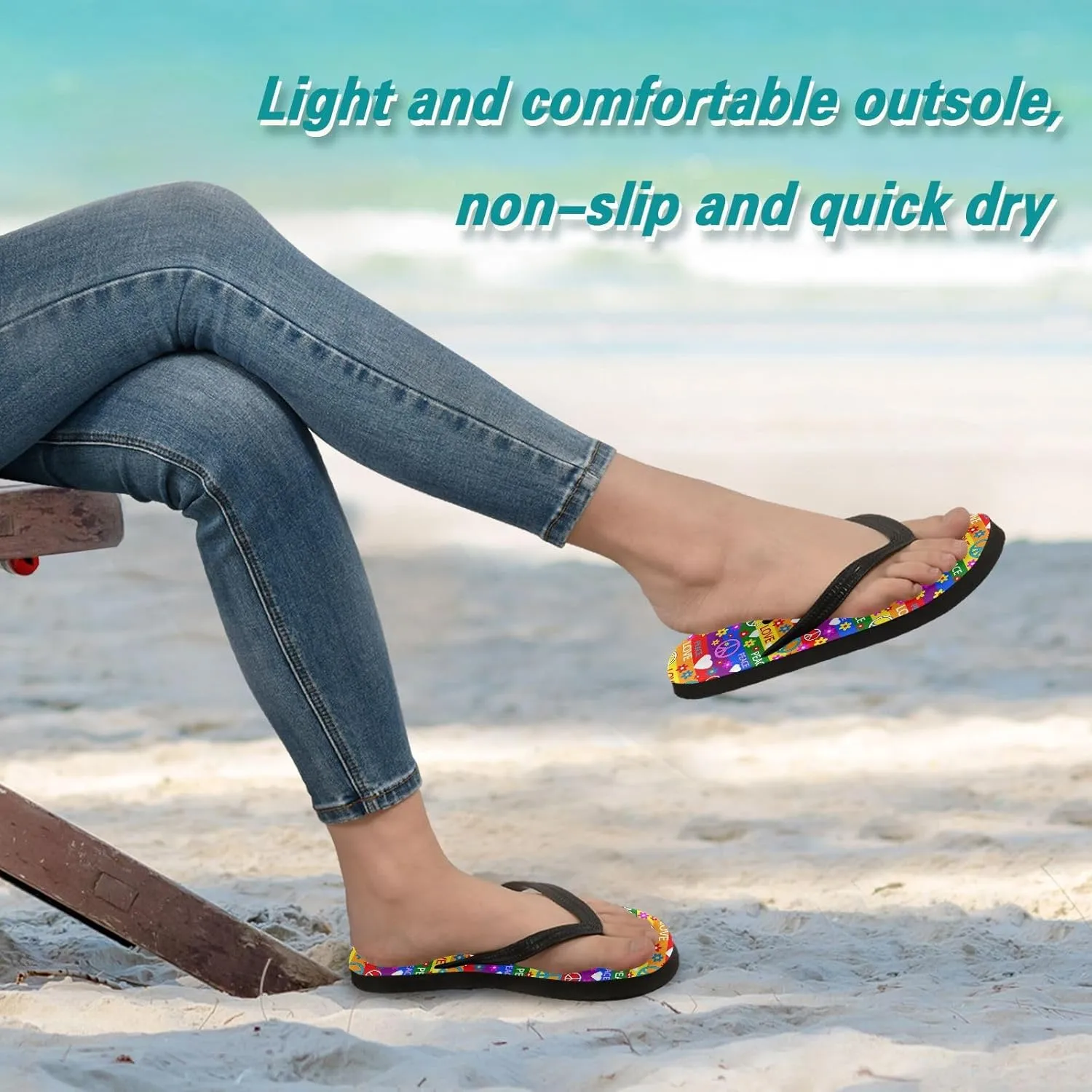 ALAZA Rainbow Stripes Hippie Peace Floral Flip Flops for Women Fashion Beach Slippers Comfort Mens Flip Flops Non-Slip Rubber Shower Slippers Sandal for Hotel Travel Sport,XS