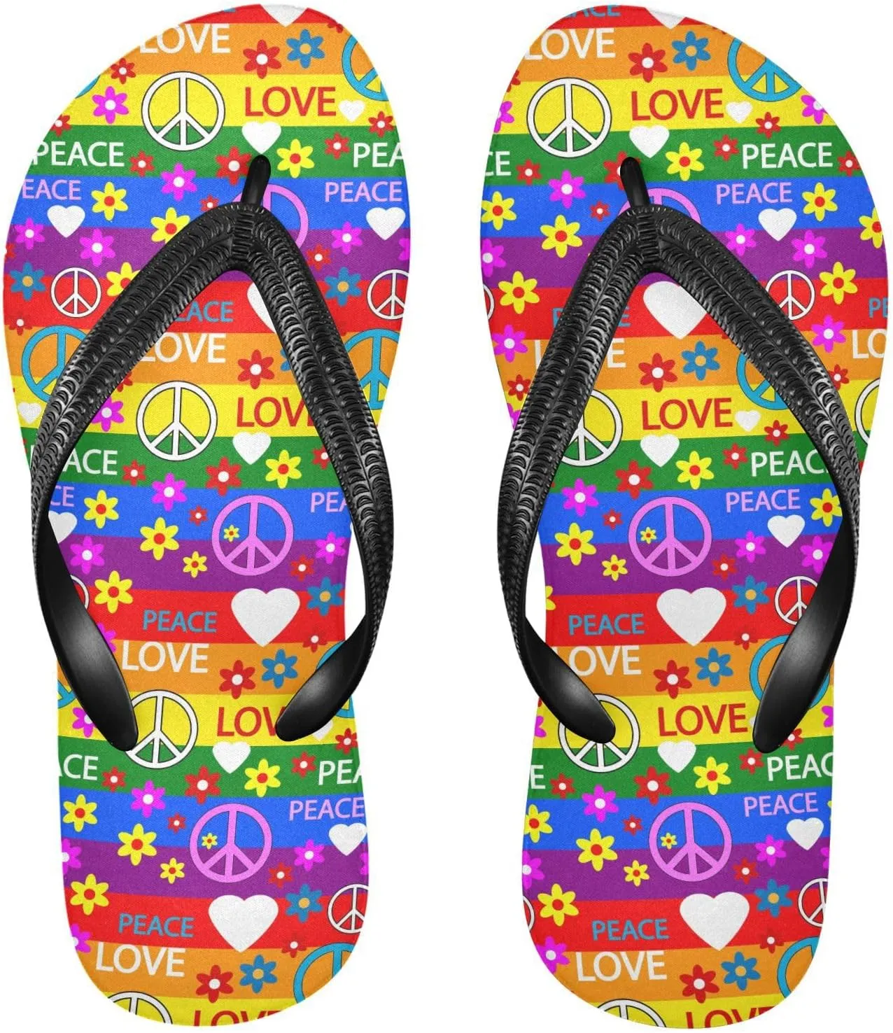 ALAZA Rainbow Stripes Hippie Peace Floral Flip Flops for Women Fashion Beach Slippers Comfort Mens Flip Flops Non-Slip Rubber Shower Slippers Sandal for Hotel Travel Sport,XS