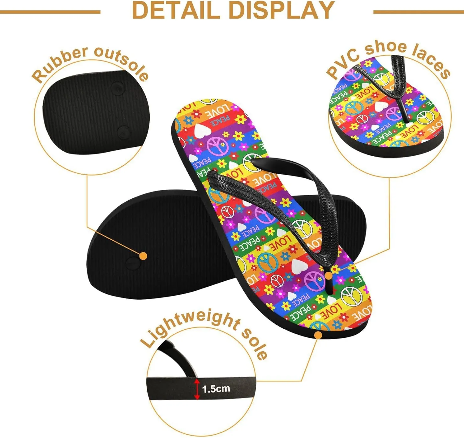 ALAZA Rainbow Stripes Hippie Peace Floral Flip Flops for Women Fashion Beach Slippers Comfort Mens Flip Flops Non-Slip Rubber Shower Slippers Sandal for Hotel Travel Sport,XS