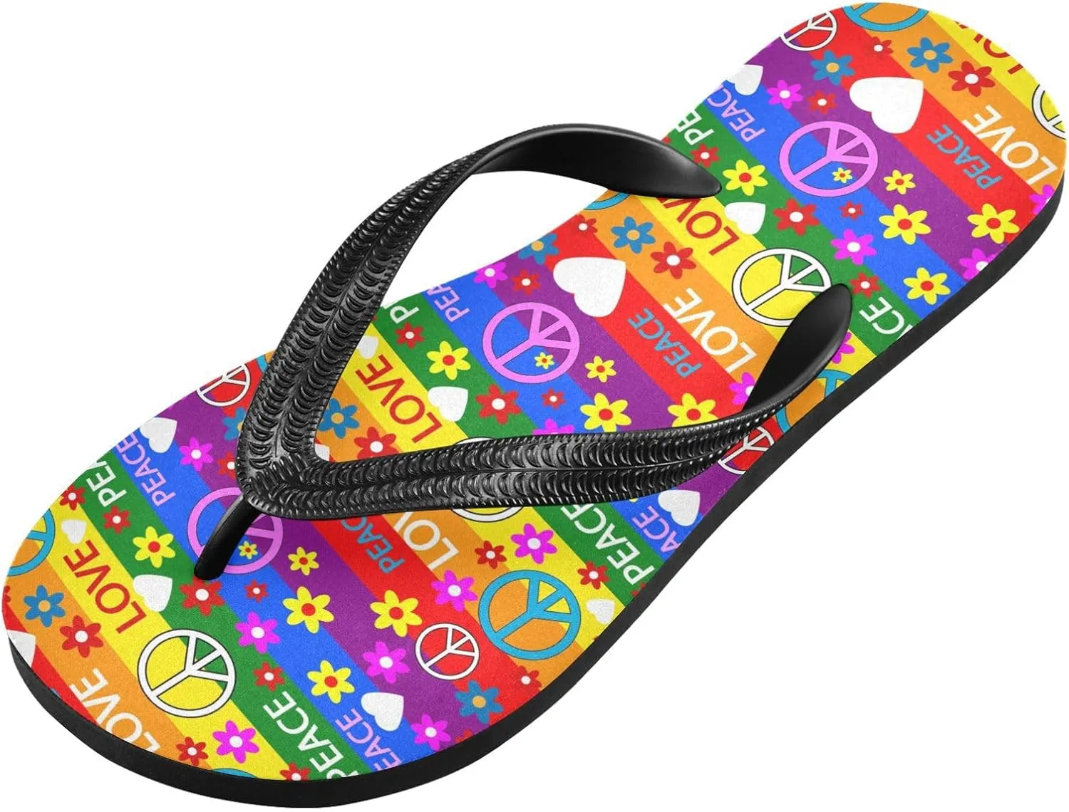 ALAZA Rainbow Stripes Hippie Peace Floral Flip Flops for Women Fashion Beach Slippers Comfort Mens Flip Flops Non-Slip Rubber Shower Slippers Sandal for Hotel Travel Sport,XS