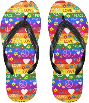 ALAZA Rainbow Stripes Hippie Peace Floral Flip Flops for Women Fashion Beach Slippers Comfort Mens Flip Flops Non-Slip Rubber Shower Slippers Sandal for Hotel Travel Sport,XS