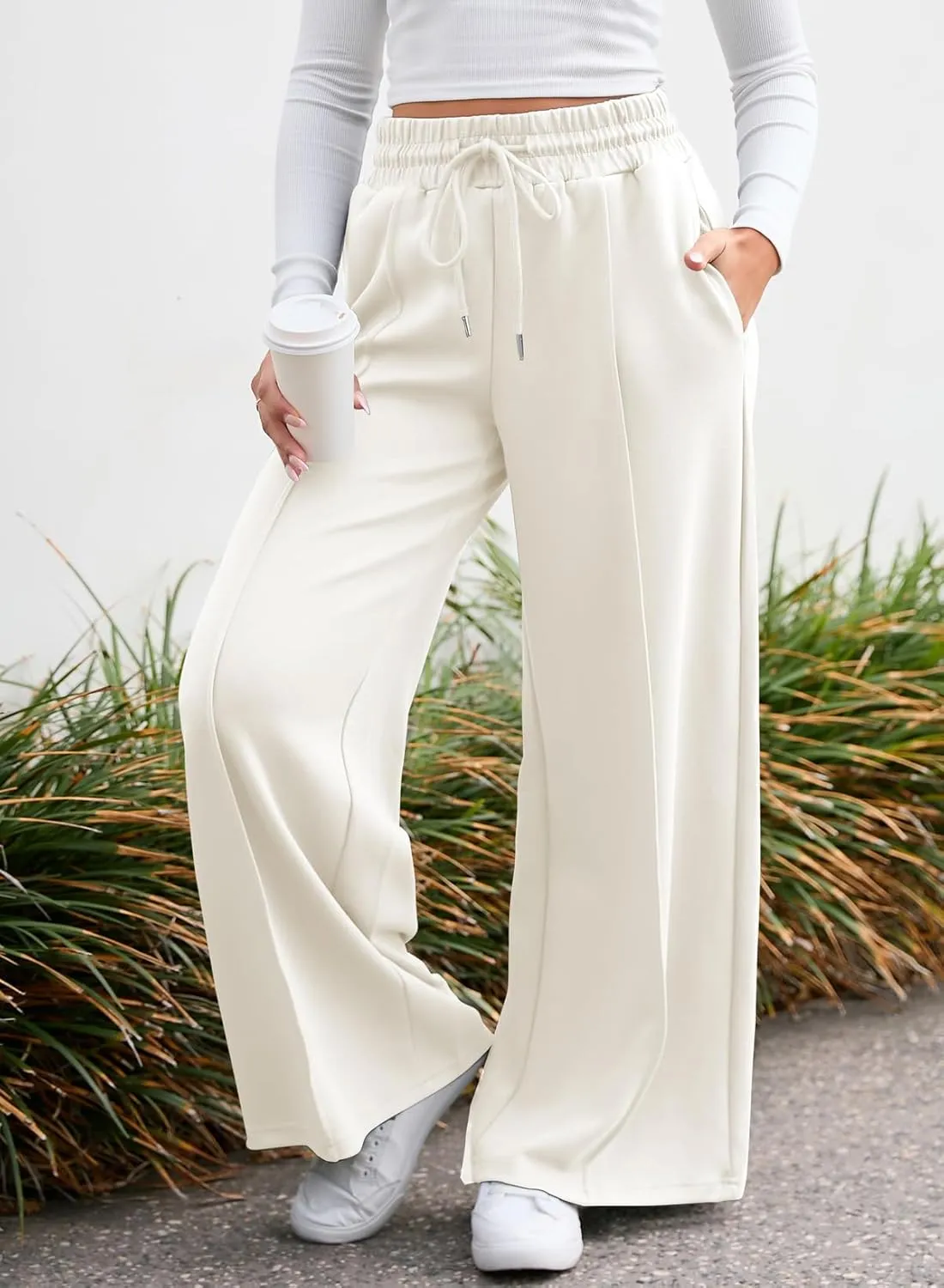 Aleumdr Women's High Waisted Drawstring Waist Wide Leg Sweatpants with Pockets Casual Loose Yoga Pants