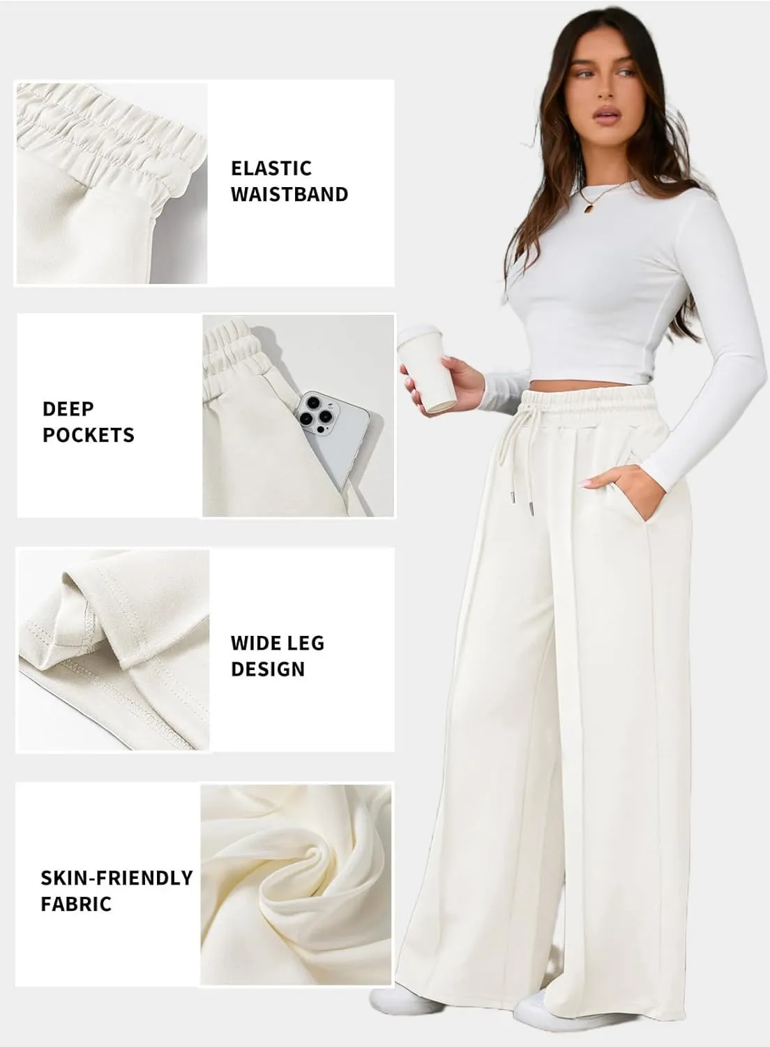 Aleumdr Women's High Waisted Drawstring Waist Wide Leg Sweatpants with Pockets Casual Loose Yoga Pants
