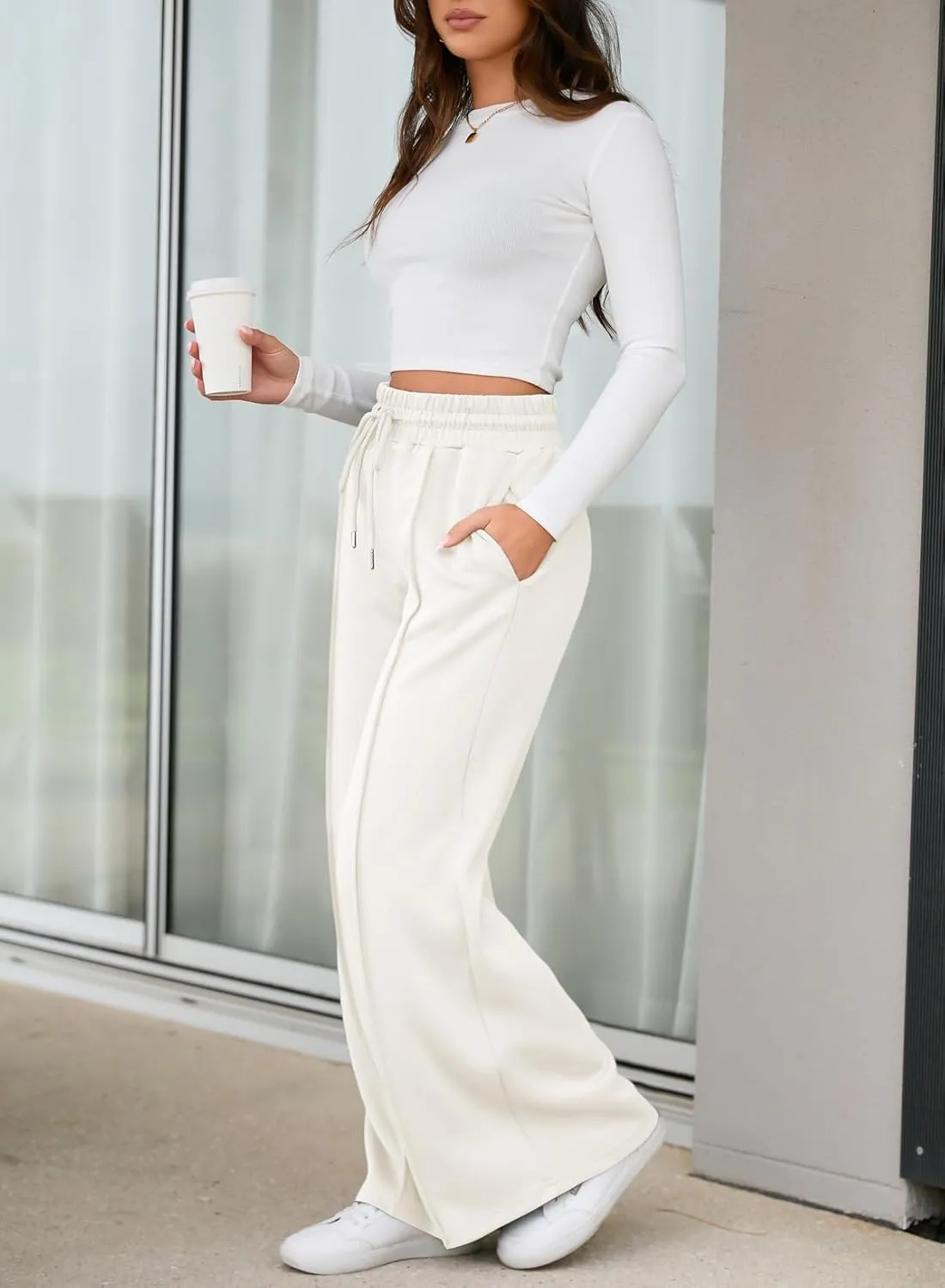 Aleumdr Women's High Waisted Drawstring Waist Wide Leg Sweatpants with Pockets Casual Loose Yoga Pants