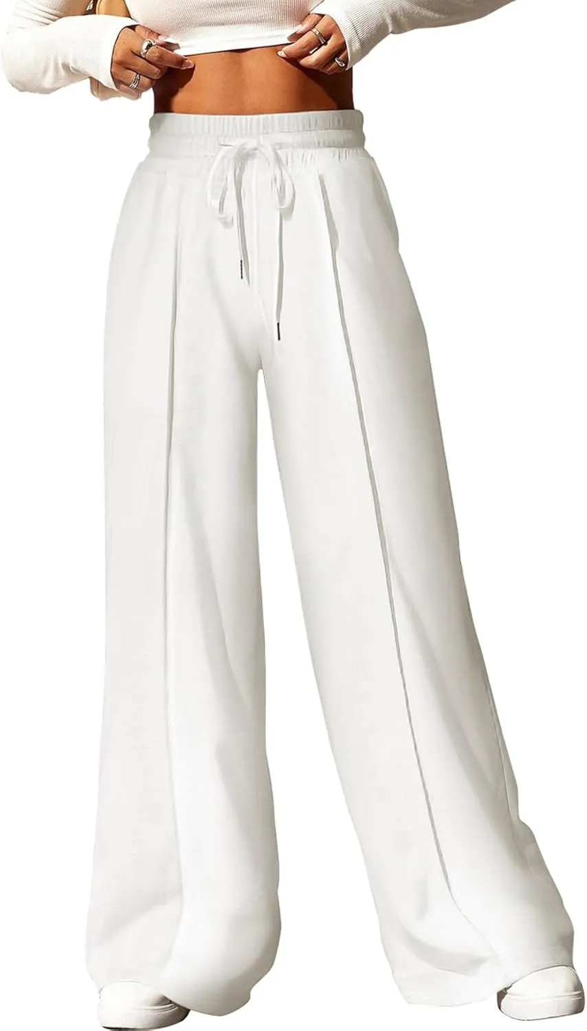 Aleumdr Women's High Waisted Drawstring Waist Wide Leg Sweatpants with Pockets Casual Loose Yoga Pants