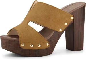Allegra K Women's Faux Suede Platform High Block Heel Slides Sandals