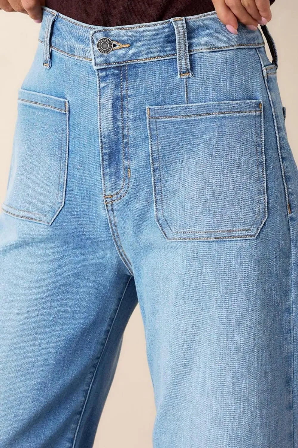 Allimy Women's High Waisted Cropped Wide Leg Jeans Stretchy Loose Denim Pants with Front Patch Pockets