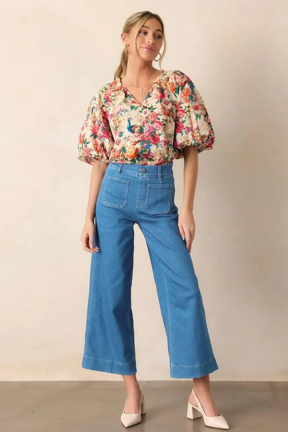 Allimy Women's High Waisted Cropped Wide Leg Jeans Stretchy Loose Denim Pants with Front Patch Pockets