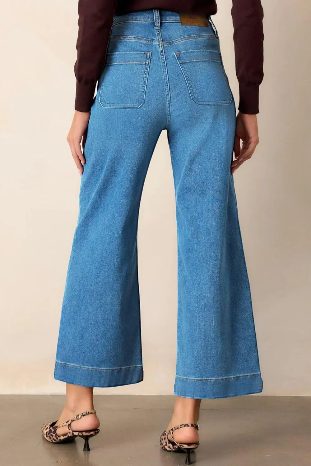 Allimy Women's High Waisted Cropped Wide Leg Jeans Stretchy Loose Denim Pants with Front Patch Pockets