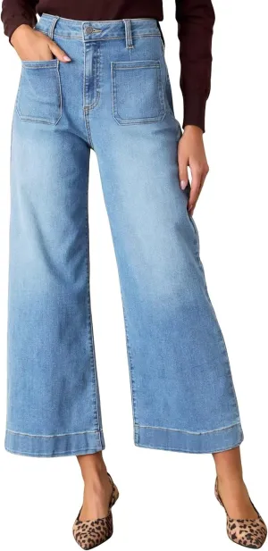 Allimy Women's High Waisted Cropped Wide Leg Jeans Stretchy Loose Denim Pants with Front Patch Pockets