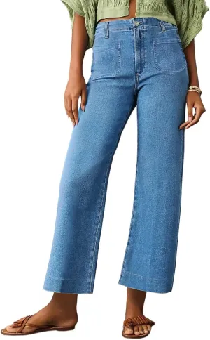 Allimy Women's High Waisted Cropped Wide Leg Jeans Stretchy Loose Denim Pants with Front Patch Pockets