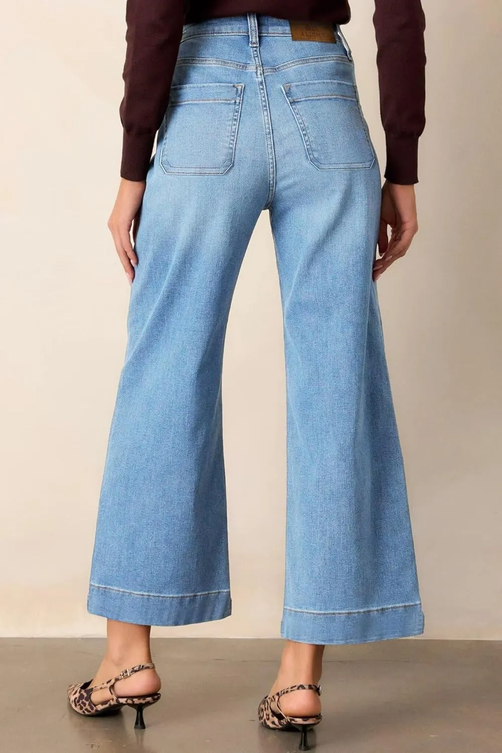 Allimy Women's High Waisted Cropped Wide Leg Jeans Stretchy Loose Denim Pants with Front Patch Pockets