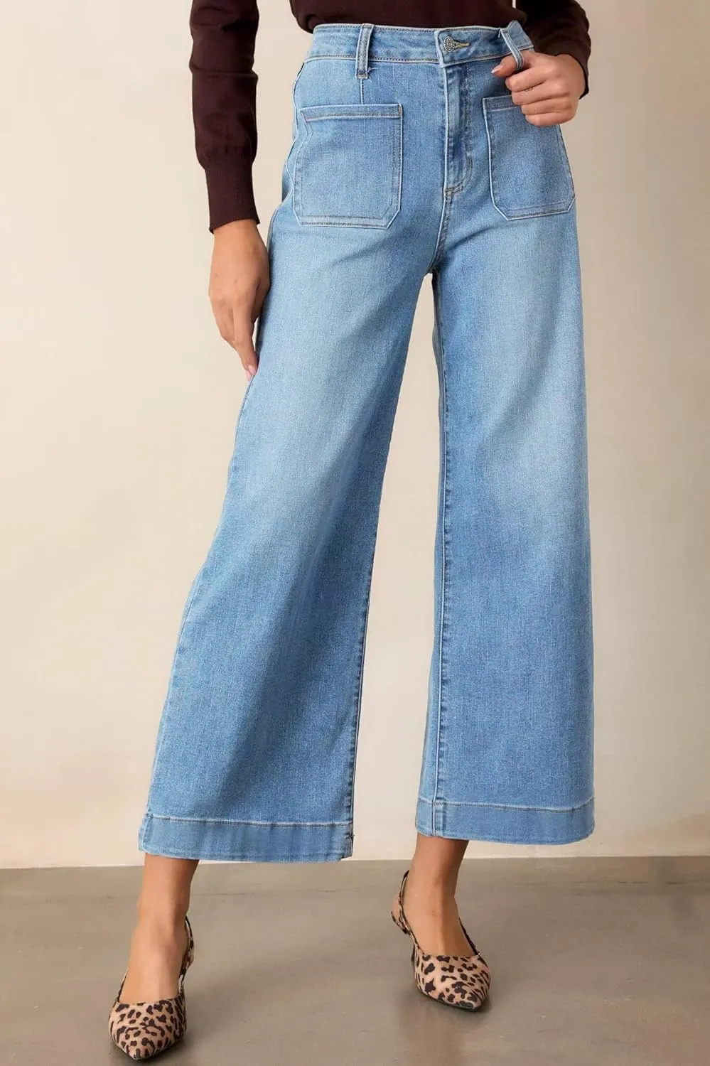 Allimy Women's High Waisted Cropped Wide Leg Jeans Stretchy Loose Denim Pants with Front Patch Pockets