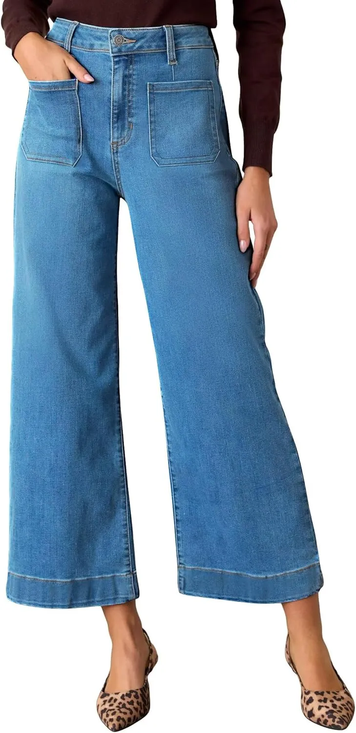 Allimy Women's High Waisted Cropped Wide Leg Jeans Stretchy Loose Denim Pants with Front Patch Pockets