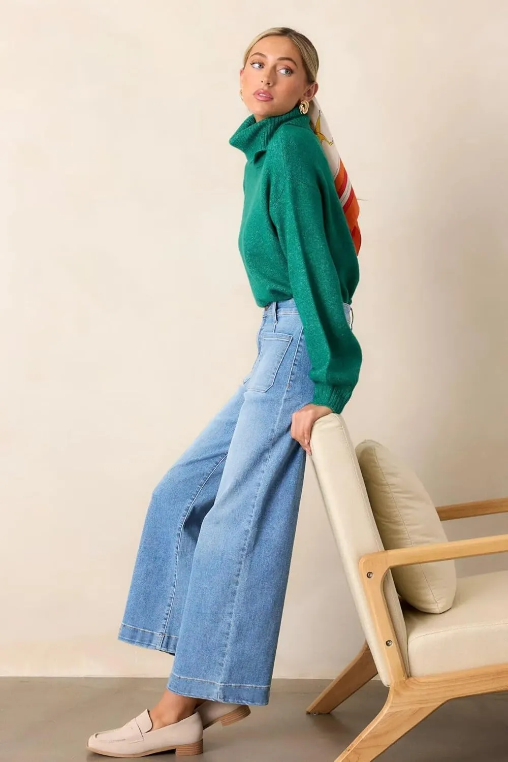 Allimy Women's High Waisted Cropped Wide Leg Jeans Stretchy Loose Denim Pants with Front Patch Pockets