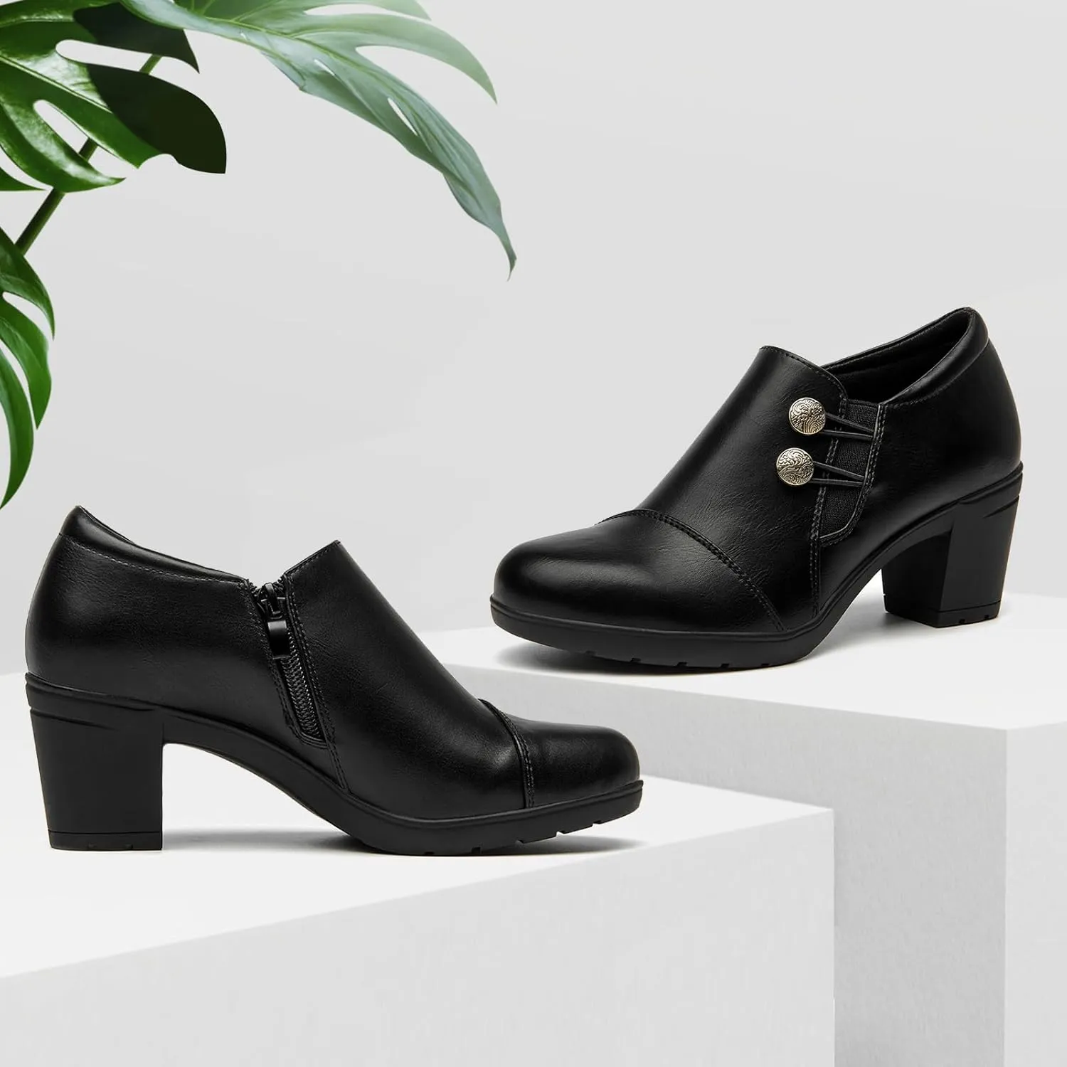 ALLOT Women's Dress Shoes Low Chunky Block Heels Slip-On Round Toe Office Business Work Pumps Supportive Casual Comfort Loafers