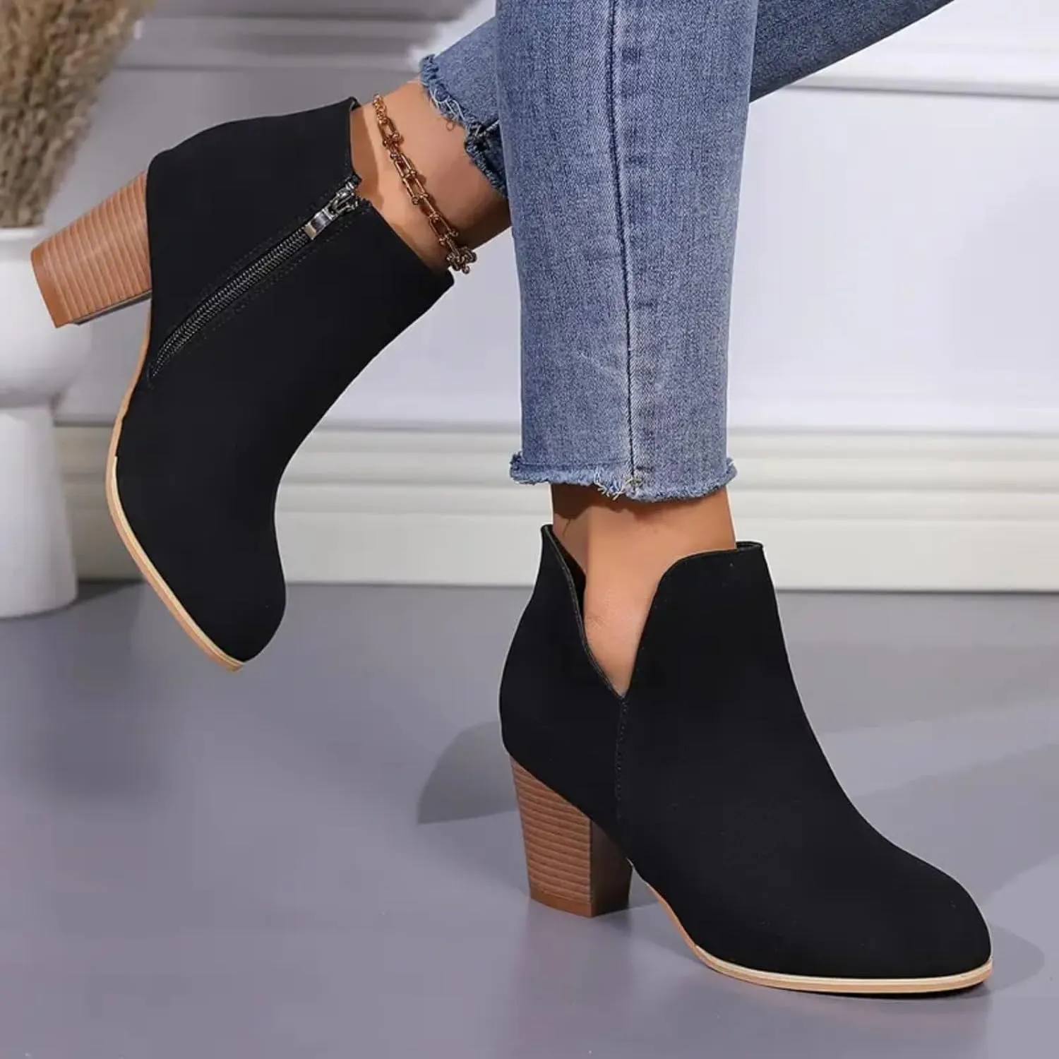 AMDBEL Womens Boots Ankle, Women's Ankle Boots V Cut Chelsea Pump Boots Closed Toe Stacked Heel Booties Shoes