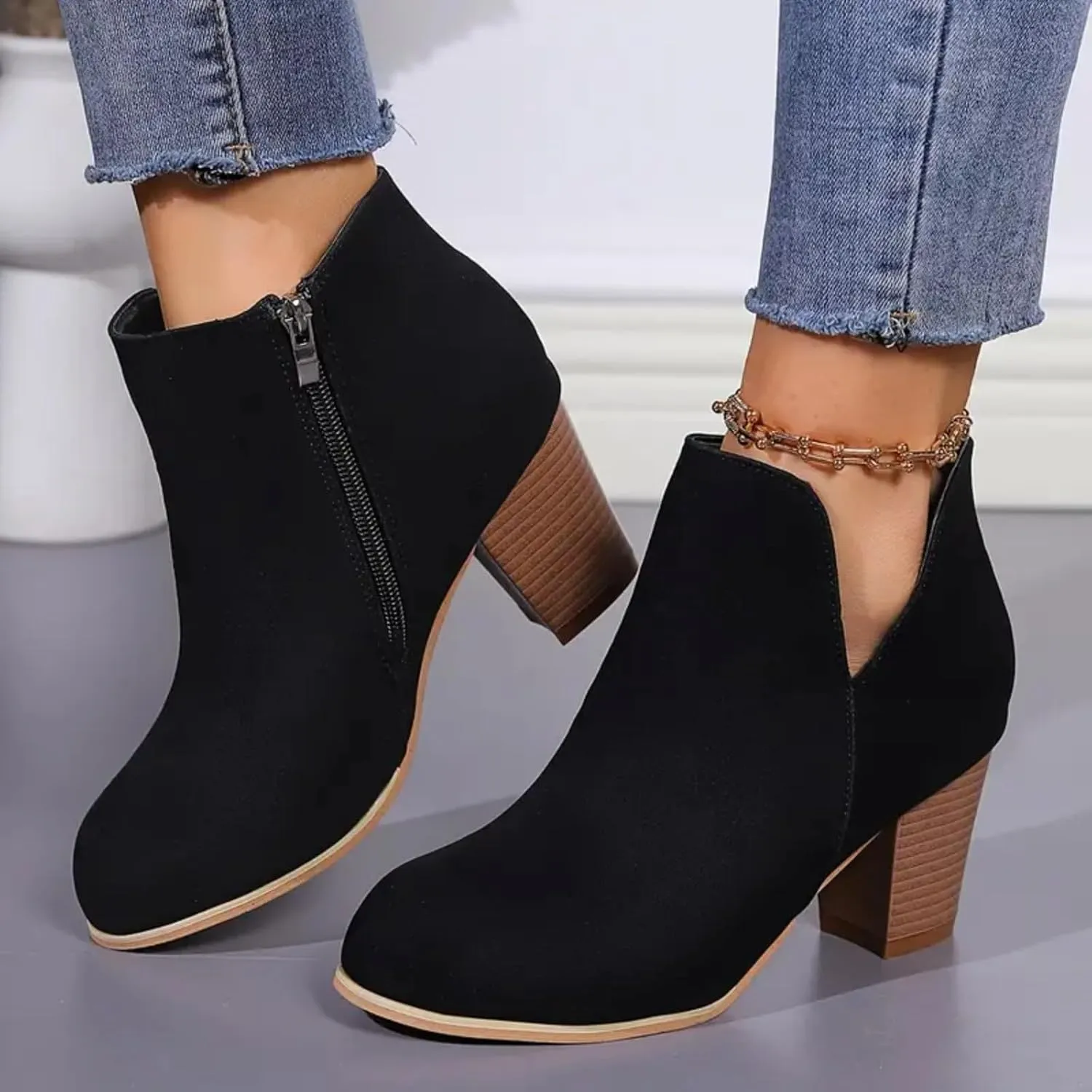 AMDBEL Womens Boots Ankle, Women's Ankle Boots V Cut Chelsea Pump Boots Closed Toe Stacked Heel Booties Shoes