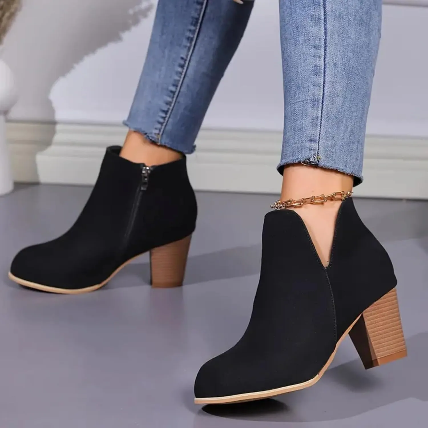 AMDBEL Womens Boots Ankle, Women's Ankle Boots V Cut Chelsea Pump Boots Closed Toe Stacked Heel Booties Shoes