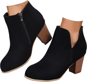 AMDBEL Womens Boots Ankle, Women's Ankle Boots V Cut Chelsea Pump Boots Closed Toe Stacked Heel Booties Shoes