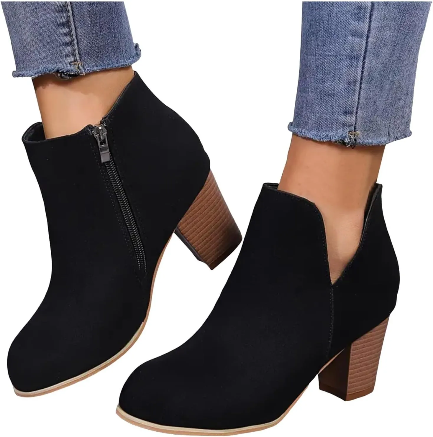 AMDBEL Womens Boots Ankle, Women's Ankle Boots V Cut Chelsea Pump Boots Closed Toe Stacked Heel Booties Shoes