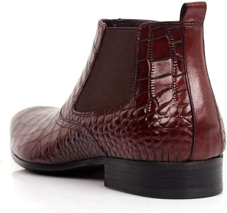 Ankle Boot for Men High Top Boot Slip On StyleGenuine Leather Retro Colors Pointed Toe Flats Block Heel Zipper Crocodile Texture