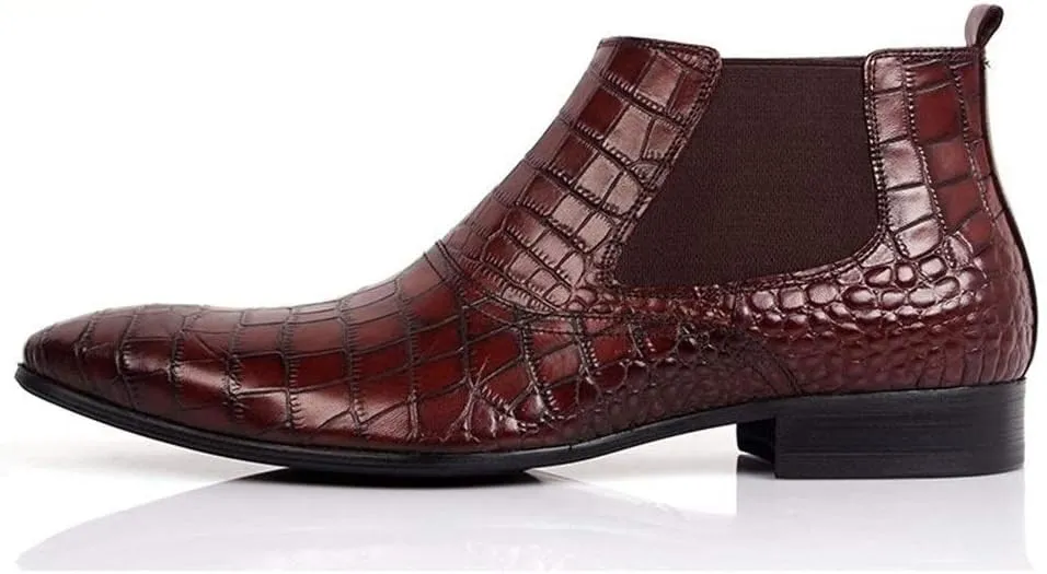 Ankle Boot for Men High Top Boot Slip On StyleGenuine Leather Retro Colors Pointed Toe Flats Block Heel Zipper Crocodile Texture