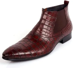 Ankle Boot for Men High Top Boot Slip On StyleGenuine Leather Retro Colors Pointed Toe Flats Block Heel Zipper Crocodile Texture