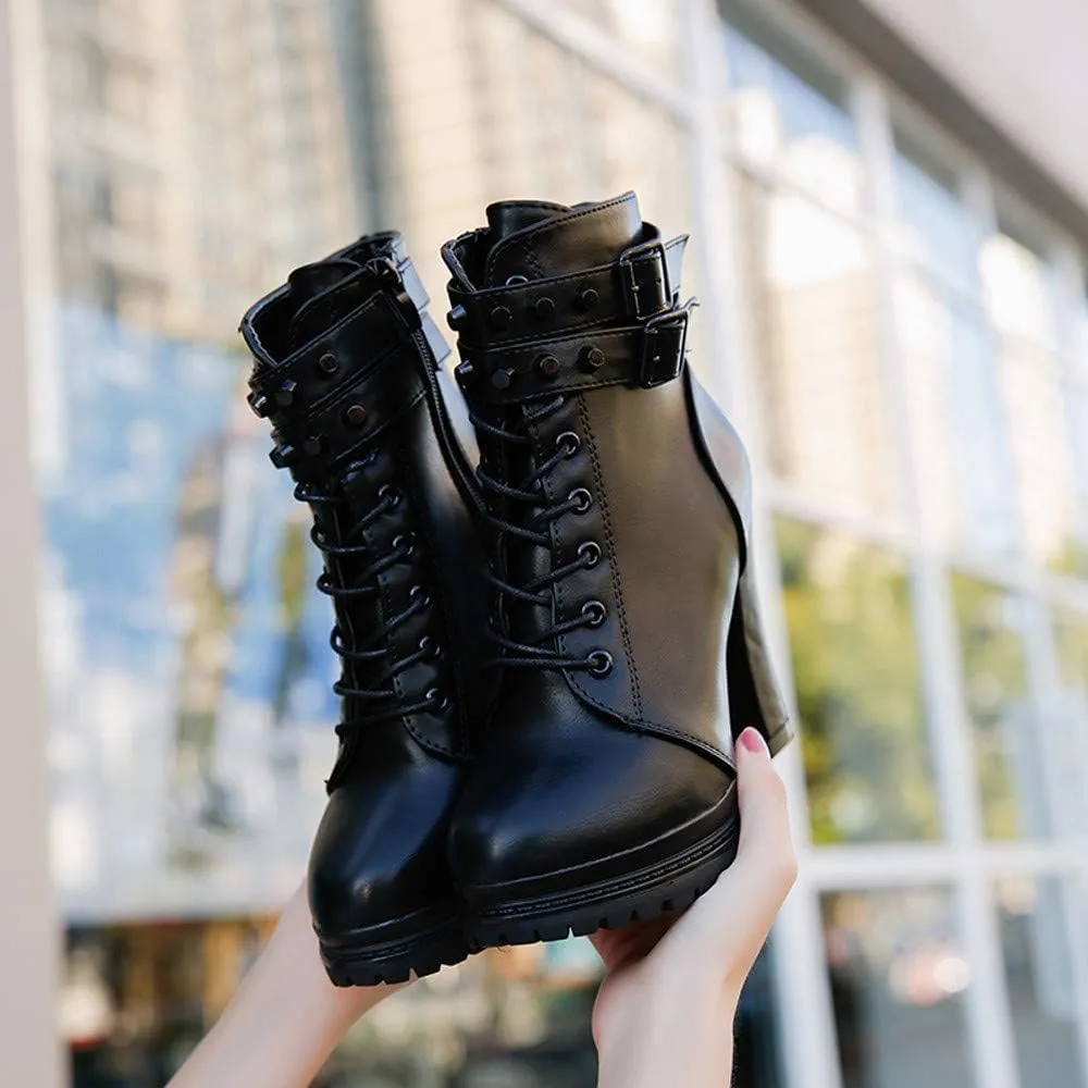 Ankle Boots for Women Comfy Womens Boots Ankle Heels Round Toe Leather Lace Up Rivet Women's Short Boots Heeled Boots