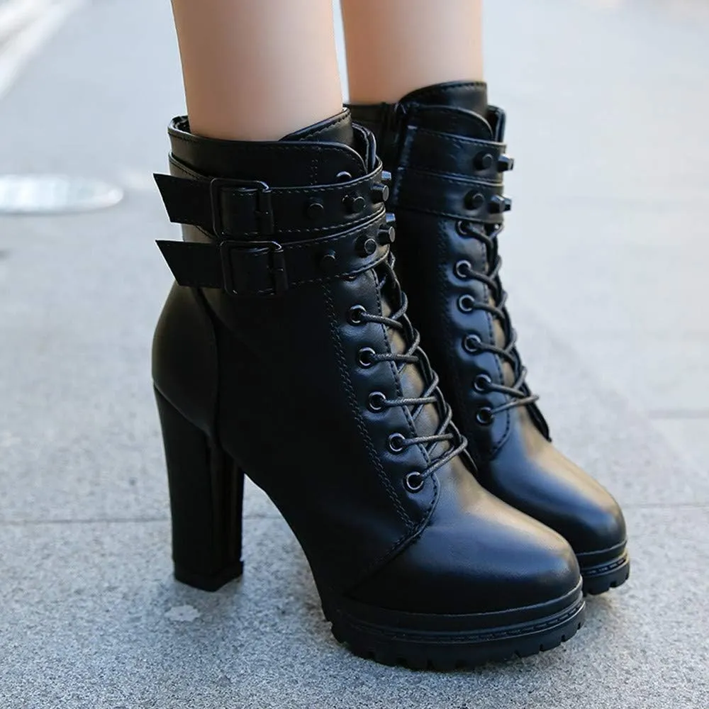 Ankle Boots for Women Comfy Womens Boots Ankle Heels Round Toe Leather Lace Up Rivet Women's Short Boots Heeled Boots