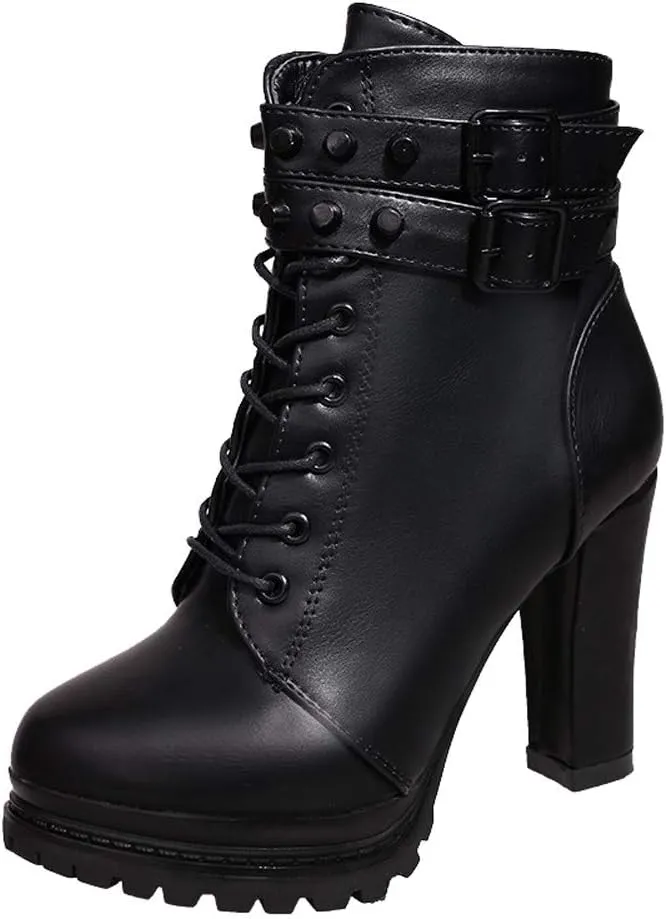 Ankle Boots for Women Comfy Womens Boots Ankle Heels Round Toe Leather Lace Up Rivet Women's Short Boots Heeled Boots