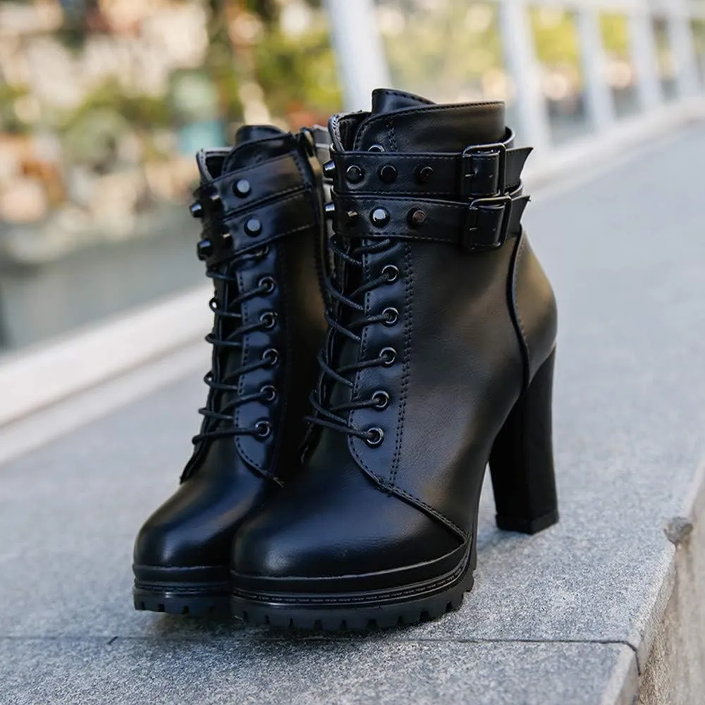 Ankle Boots for Women Comfy Womens Boots Ankle Heels Round Toe Leather Lace Up Rivet Women's Short Boots Heeled Boots