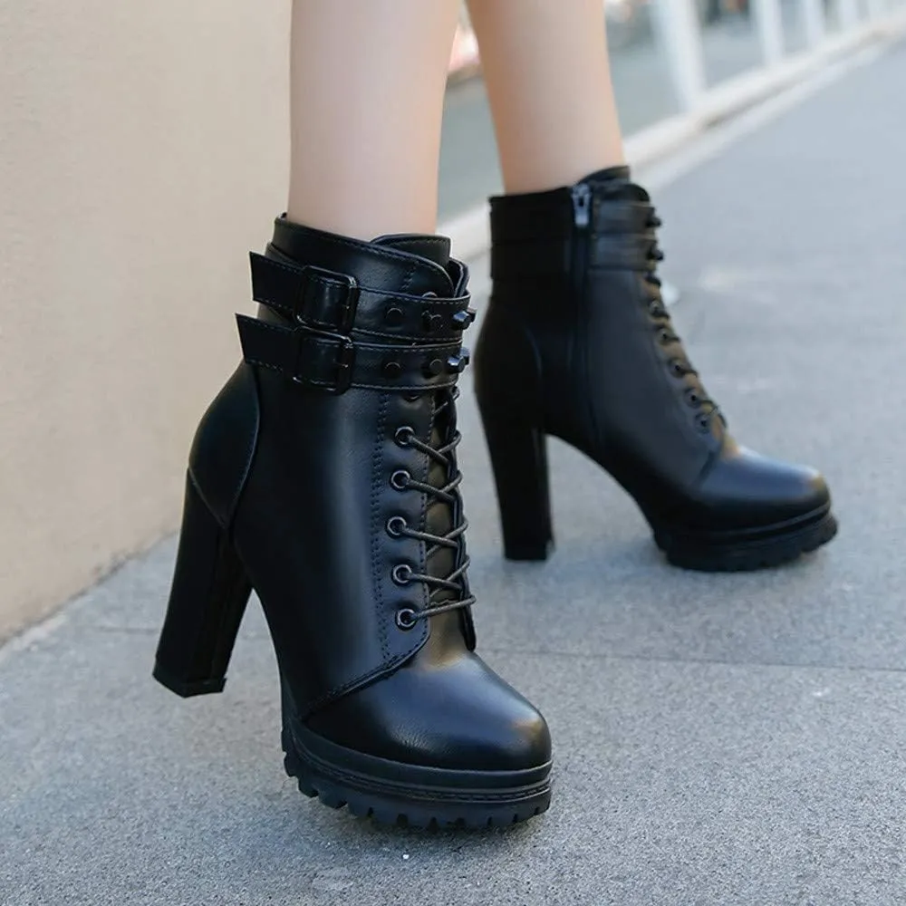 Ankle Boots for Women Comfy Womens Boots Ankle Heels Round Toe Leather Lace Up Rivet Women's Short Boots Heeled Boots