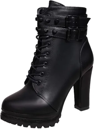 Ankle Boots for Women Comfy Womens Boots Ankle Heels Round Toe Leather Lace Up Rivet Women's Short Boots Heeled Boots