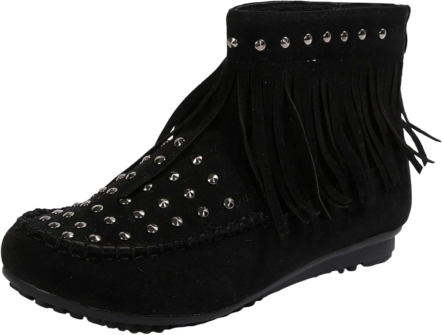 Ankle Boots for Women Flat Side Zip Vintage Womens Cowboy Boots Round Toe Fringe Buckle Straps Studded Western Cowboy Shoes