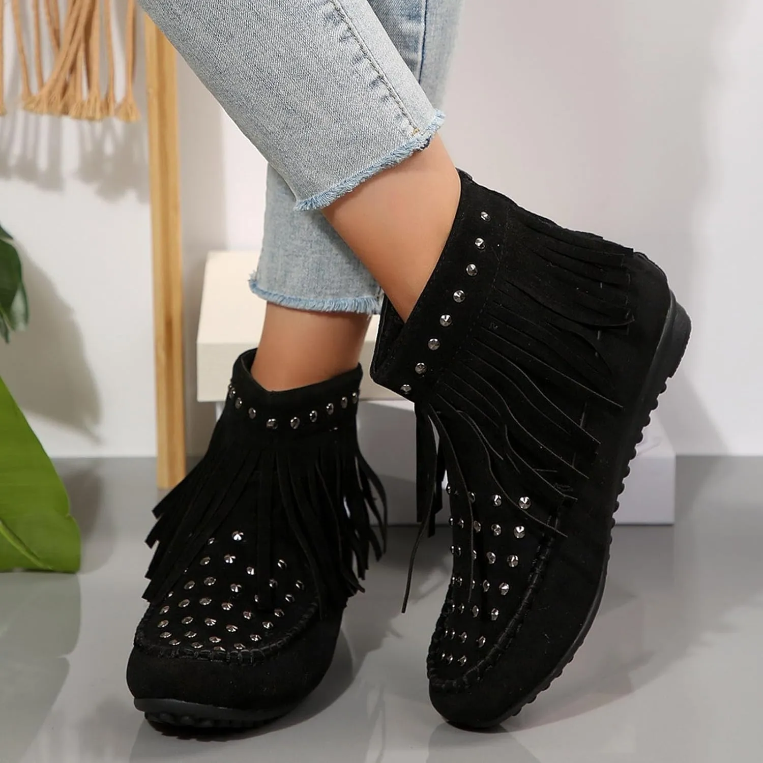 Ankle Boots for Women Flat Side Zip Vintage Womens Cowboy Boots Round Toe Fringe Buckle Straps Studded Western Cowboy Shoes