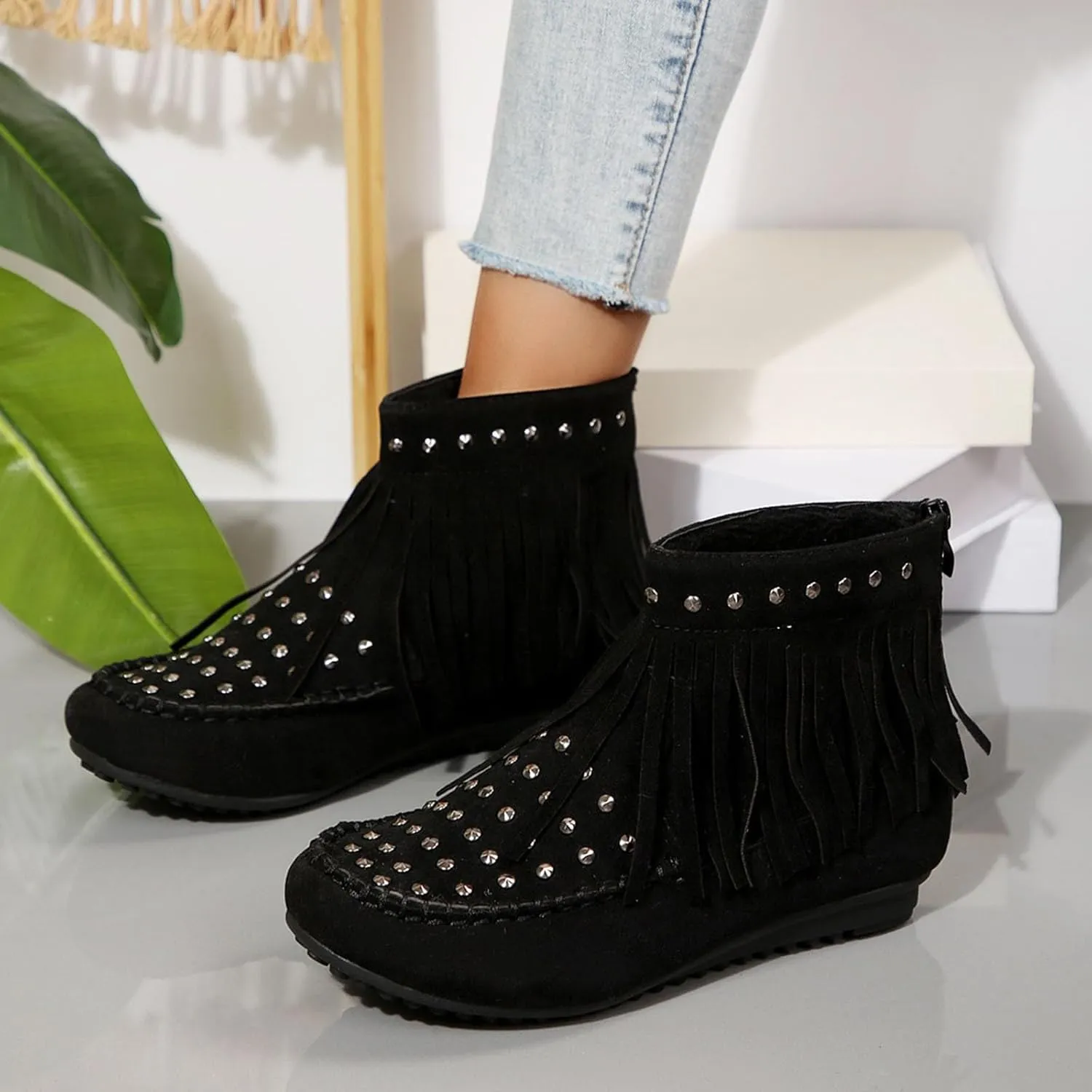 Ankle Boots for Women Flat Side Zip Vintage Womens Cowboy Boots Round Toe Fringe Buckle Straps Studded Western Cowboy Shoes