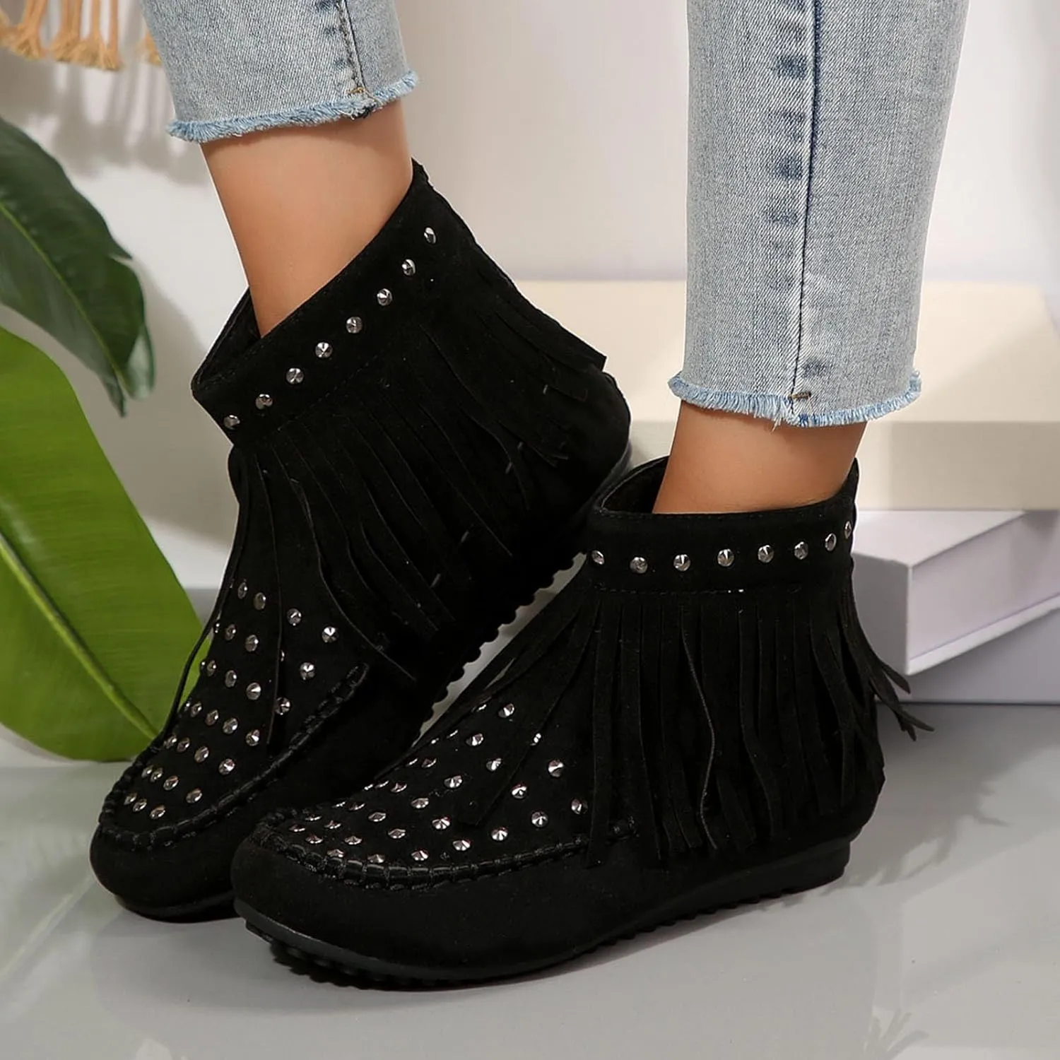 Ankle Boots for Women Flat Side Zip Vintage Womens Cowboy Boots Round Toe Fringe Buckle Straps Studded Western Cowboy Shoes