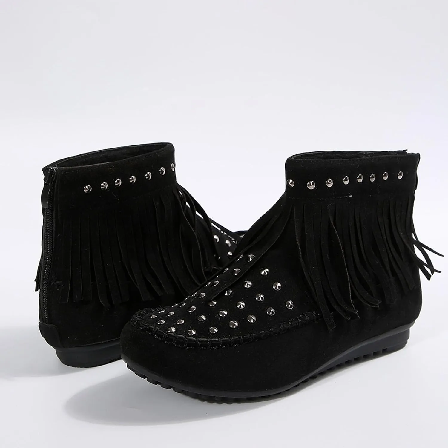 Ankle Boots for Women Flat Side Zip Vintage Womens Cowboy Boots Round Toe Fringe Buckle Straps Studded Western Cowboy Shoes