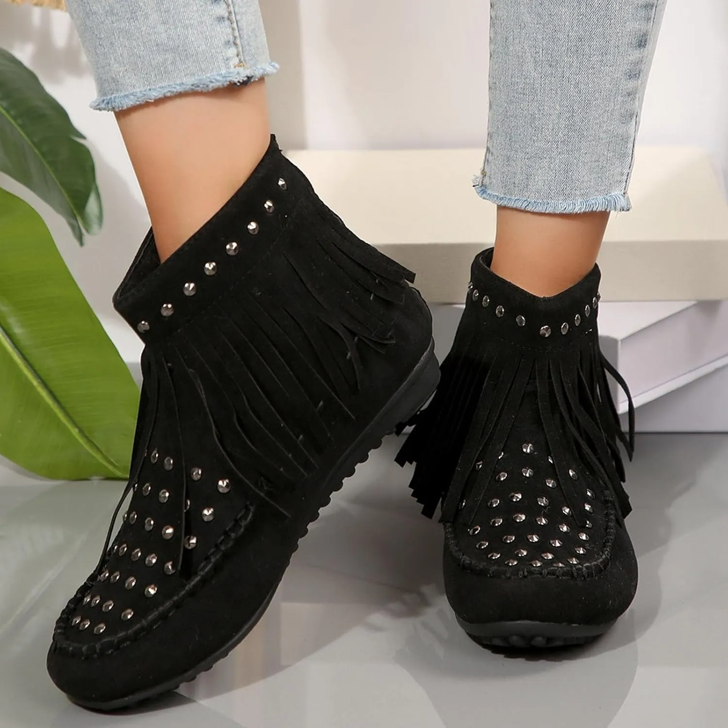 Ankle Boots for Women Flat Side Zip Vintage Womens Cowboy Boots Round Toe Fringe Buckle Straps Studded Western Cowboy Shoes