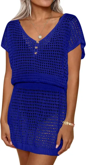 AOLRO Women's Swim Coverups Crochet Hollow Out Short Sleeve V Neck Beach Swimsuit Bathing Suit Cover Up Dresses S-XXL