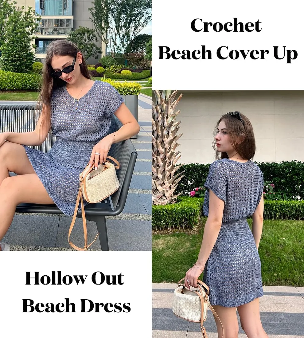 AOLRO Women's Swim Coverups Crochet Hollow Out Short Sleeve V Neck Beach Swimsuit Bathing Suit Cover Up Dresses S-XXL